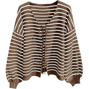 Women's Plus Size Striped Cardigan Sweater Tie Front Long Sleeve V Neck Knitwear Tops in Saudi Arabia