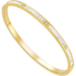 Gold cuff bracelets for women - Mother of Pearl and Cubic Zirconia Bangle, High Polished Stainless Steel, Perfect for Wedding, Party, and Gift for Her in Saudi Arabia