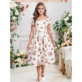 Girls Square Neck Short Puff Sleeve Summer Floral Holiday Party Casual Flowy A-Line Dresses 8-14 Years in Kuwait