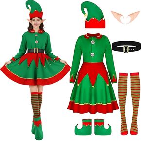 Yi-gog نساء عيد الميلاد قزم زي مجموعة احتفالية عيد الميلاد حفلة الزي فستان قبعة إكسسوارات أحذية عطلة تأثيري فستان بتصميم حالم in Kuwait