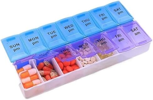 7-Day Weekly Pill Organizer and Daily Vitamin Case - Pill Box for Medication Management 14 Compartments—Perfect for Home, Travel, or The Office. Plus, (Purple/Blue) in Saudi Arabia