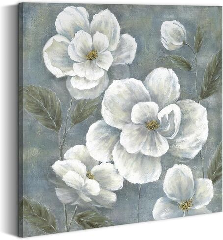 summer melody White Floral Canvas Wall Art - Vintage Blooming Gray Flowers Painting Abstract Botanical Picture Modern Prints Artwork for Bedroom Living Room in Saudi Arabia