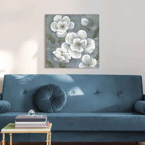 summer melody White Floral Canvas Wall Art - Vintage Blooming Gray Flowers Painting Abstract Botanical Picture Modern Prints Artwork for Bedroom Living Room in Saudi Arabia