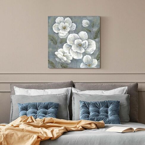 summer melody White Floral Canvas Wall Art - Vintage Blooming Gray Flowers Painting Abstract Botanical Picture Modern Prints Artwork for Bedroom Living Room in Saudi Arabia