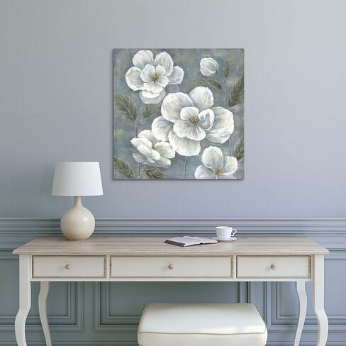 summer melody White Floral Canvas Wall Art - Vintage Blooming Gray Flowers Painting Abstract Botanical Picture Modern Prints Artwork for Bedroom Living Room in Saudi Arabia
