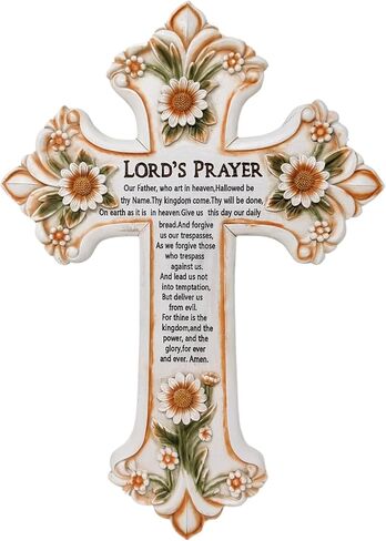 AMAJY Cross with Flower and Lord's Prayer - Spiritual and Religious Resin Wall Art - Christian Decor for Living Room, Bedroom, Office or Prayer Room in Saudi Arabia