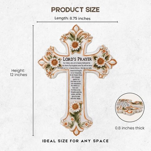 AMAJY Cross with Flower and Lord's Prayer - Spiritual and Religious Resin Wall Art - Christian Decor for Living Room, Bedroom, Office or Prayer Room in Saudi Arabia