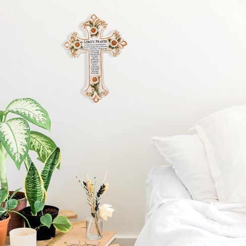 AMAJY Cross with Flower and Lord's Prayer - Spiritual and Religious Resin Wall Art - Christian Decor for Living Room, Bedroom, Office or Prayer Room in Saudi Arabia