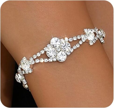 Rhinestone Bracelet for Women,Dainty Silver Crystal Wedding Bracelets for Bridesmaids Guests Bride,Bling Sparkly Charm Bracelet Funky Jewelry in Saudi Arabia