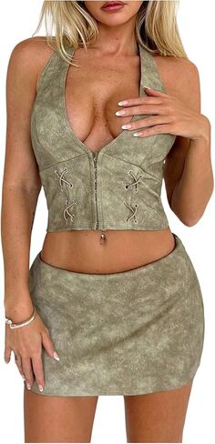 MakeMeChic Women's 2 Piece Y2k Outfit Leather Deep V Neck Halter Crop Corset Tops and Mini Skirt Set in Saudi Arabia