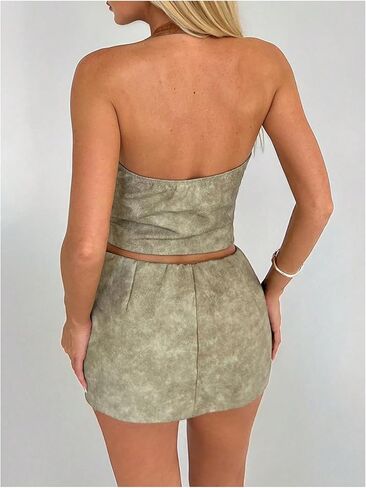 MakeMeChic Women's 2 Piece Y2k Outfit Leather Deep V Neck Halter Crop Corset Tops and Mini Skirt Set in Saudi Arabia