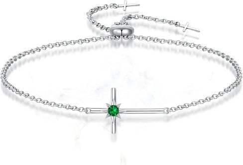 Birthstone Bracelets for Women 925 Sterling Silver Dainty Octopus Star Cross Pendant Created Gemstone Crucifix Jewelry for Her, 8" in Saudi Arabia