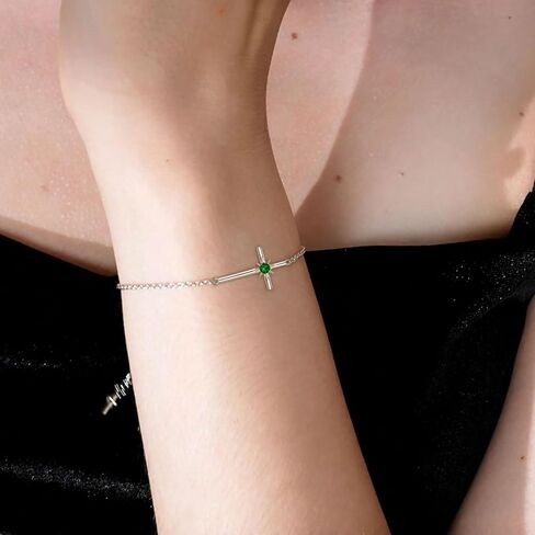 Birthstone Bracelets for Women 925 Sterling Silver Dainty Octopus Star Cross Pendant Created Gemstone Crucifix Jewelry for Her, 8" in Saudi Arabia