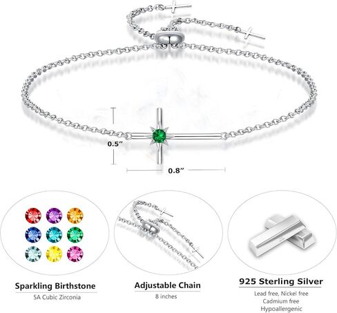 Birthstone Bracelets for Women 925 Sterling Silver Dainty Octopus Star Cross Pendant Created Gemstone Crucifix Jewelry for Her, 8" in Saudi Arabia