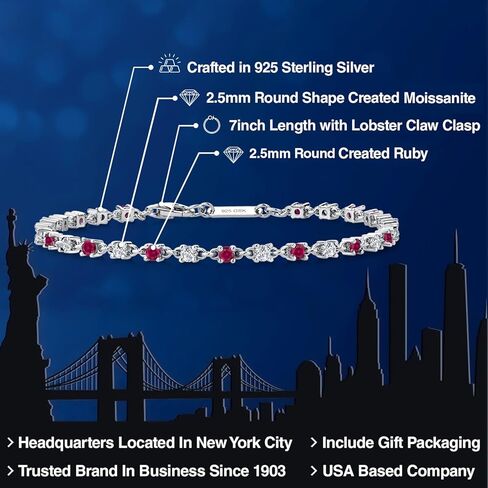 Gem Stone King 925 Sterling Silver Red Created Ruby and White Moissanite Tennis Bracelet for Women | 1.76 Cttw | Round 2.5MM | 7 Inch in Saudi Arabia