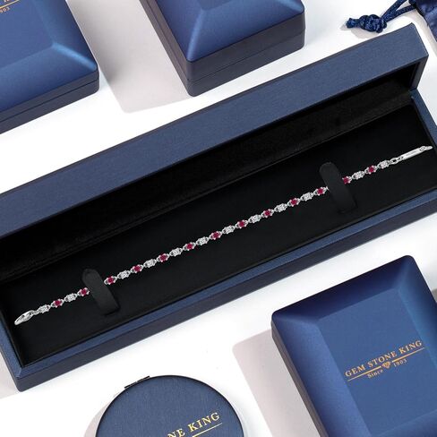 Gem Stone King 925 Sterling Silver Red Created Ruby and White Moissanite Tennis Bracelet for Women | 1.76 Cttw | Round 2.5MM | 7 Inch in Saudi Arabia