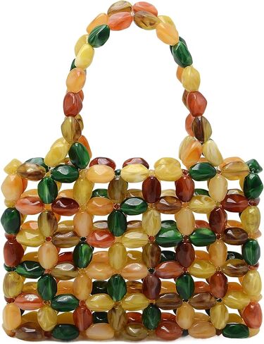 Miuco Women Multicolor Stone look Acrylic Beaded Handbag Handmade Woven Tote Bag Vintage Boho Beach Clutch for Wedding Party in Saudi Arabia