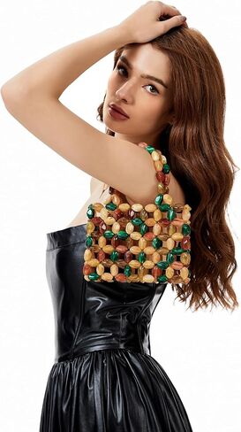 Miuco Women Multicolor Stone look Acrylic Beaded Handbag Handmade Woven Tote Bag Vintage Boho Beach Clutch for Wedding Party in Saudi Arabia