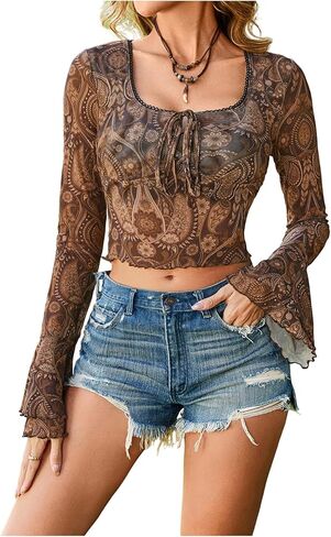 OYOANGLE Women's Boho Paisley Print Tie Front Top Bell Long Sleeve Scoop Neck Western Sheer Crop Tops in Saudi Arabia