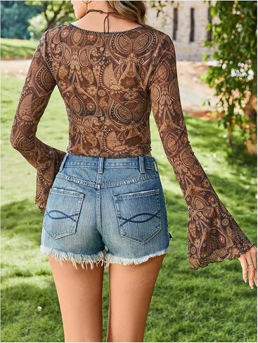 OYOANGLE Women's Boho Paisley Print Tie Front Top Bell Long Sleeve Scoop Neck Western Sheer Crop Tops in Saudi Arabia