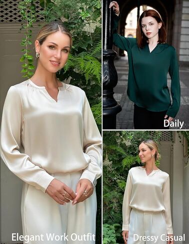 بلوزات نسائية من GRACE KARIN بأكمام طويلة، قمصان حريرية من الساتان للعمل، قمصان أساسية برقبة على شكل حرف V، ملابس عصرية عصرية in Saudi Arabia
