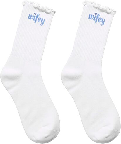 جوارب Wifey مكشكشة، جوارب زفاف من القطن الناعم باللونين الأزرق والأبيض للعروس لتكون هدية لحفلات العزوبية لحفلات الزفاف in Kuwait