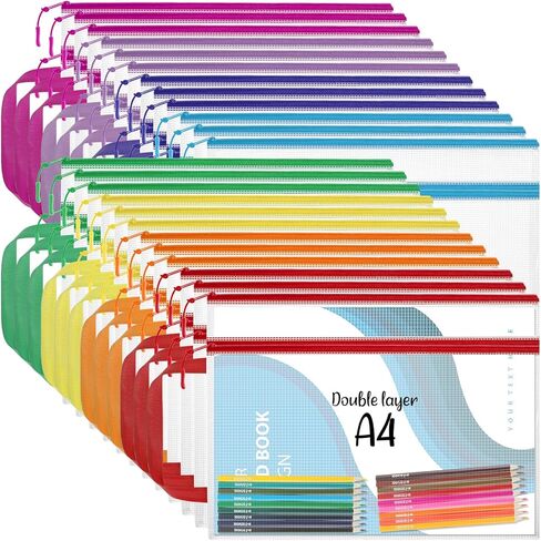 أكياس حقيبة سحاب 25pcs ، A4 13.5 × 9.5 بوصة أكياس شبكية مقاومة للماء مع سحاب ، أكياس من السوستة البلاستيكية للتنظيم ، أكياس شبكية لتخزين السفر لوازم مدرسية ، 15 لونًا تشكيلة in Kuwait