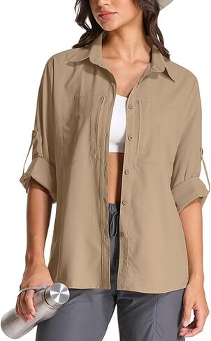 Women's UPF 50 Long Sleeve Safari Shirts,Sun Protection Quick Dry Outdoor Fishing Hiking gardening Shirt (6 Light Blue, Small) in Saudi Arabia