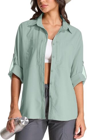 Women's UPF 50 Long Sleeve Safari Shirts,Sun Protection Quick Dry Outdoor Fishing Hiking gardening Shirt (6 Light Blue, Small) in Saudi Arabia