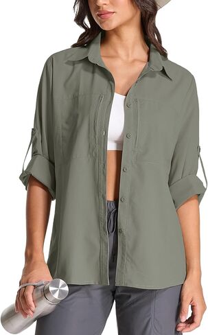 Women's UPF 50 Long Sleeve Safari Shirts,Sun Protection Quick Dry Outdoor Fishing Hiking gardening Shirt (6 Light Blue, Small) in Saudi Arabia
