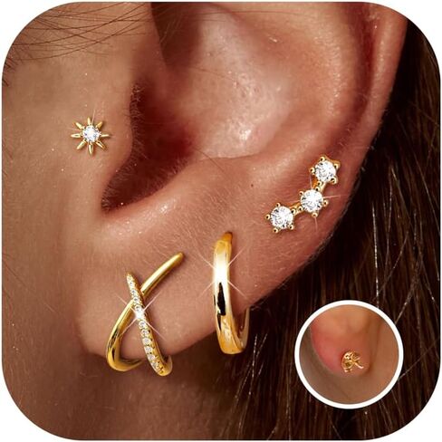FUNRUN JEWELRY 925 الفضة الاسترليني الصغيرة الذهب ترصيع القرط المكدس للنساء هيبوالرجينيك 14K الذهب مطلي أقراط مسطحة الظهر، هوب هوجي أنيق وأقراط مسمار مجموعة لثقب متعددة 4 أزواج in Kuwait