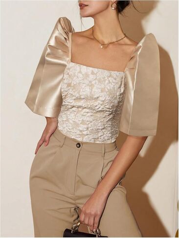 Floerns Women's Satin Puff Sleeve Blouses Tops Square Neck Jacquard Dressy Casual Shirts in Saudi Arabia