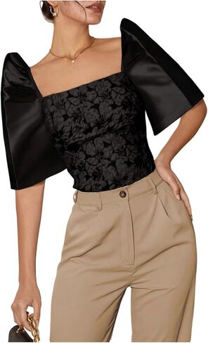 Floerns Women's Satin Puff Sleeve Blouses Tops Square Neck Jacquard Dressy Casual Shirts in Saudi Arabia