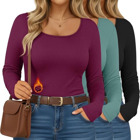 Ficerd 3 Pack Women's Plus Size Thermal Shirts Fleece Lined Scoop Neck Long Sleeve Tops Fitted Winter Base Layer Underwear in Kuwait