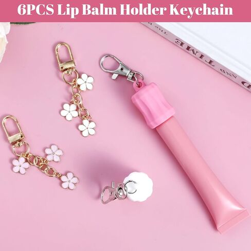 Nosiny 12 Pcs/6 Set Lip Gloss Holder Keychain with Flower Charms, Floral Silicone Lip Balm Keychain Sleeve for Cap 0.55-0.7inch, Bag Accessories for Women in Saudi Arabia