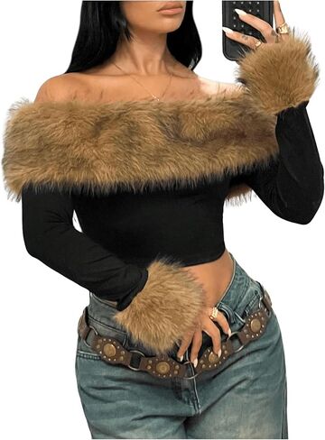 Milumia Women's Leopard Print Plush Off Shoulder Long Sleeve Y2k Street Crop Top in Saudi Arabia