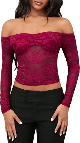 Milumia Women's Sexy Sheer Mesh Off The Shoulder Lace Long Sleeve Top Y2K Rave in Saudi Arabia