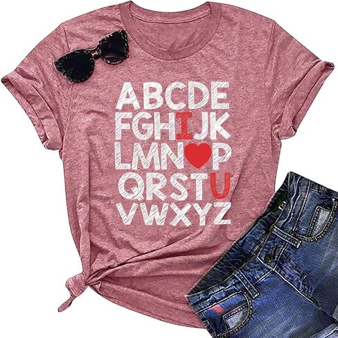 تي شيرت عيد الحب للسيدات مطبوع عليه الحروف الأبجدية ABC I Love You تي شيرت مدرسي لعيد الحب تي شيرت تي شيرت علوي in Kuwait