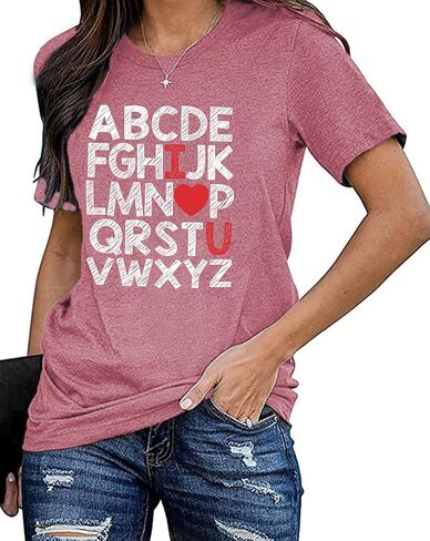 تي شيرت عيد الحب للسيدات مطبوع عليه الحروف الأبجدية ABC I Love You تي شيرت مدرسي لعيد الحب تي شيرت تي شيرت علوي in Kuwait