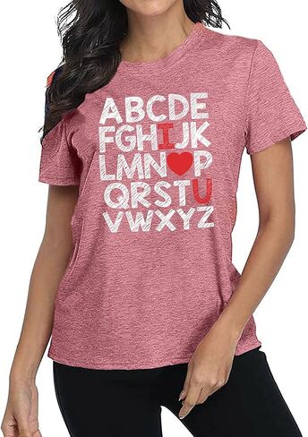 تي شيرت عيد الحب للسيدات مطبوع عليه الحروف الأبجدية ABC I Love You تي شيرت مدرسي لعيد الحب تي شيرت تي شيرت علوي in Kuwait