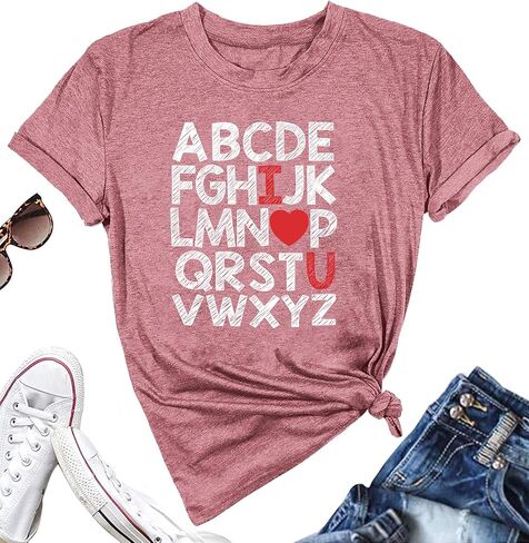 تي شيرت عيد الحب للسيدات مطبوع عليه الحروف الأبجدية ABC I Love You تي شيرت مدرسي لعيد الحب تي شيرت تي شيرت علوي in Kuwait