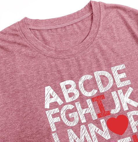 تي شيرت عيد الحب للسيدات مطبوع عليه الحروف الأبجدية ABC I Love You تي شيرت مدرسي لعيد الحب تي شيرت تي شيرت علوي in Kuwait