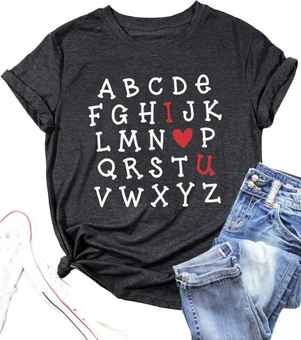 تي شيرت عيد الحب للسيدات مطبوع عليه الحروف الأبجدية ABC I Love You تي شيرت مدرسي لعيد الحب تي شيرت تي شيرت علوي in Kuwait