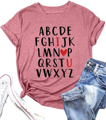 تي شيرت عيد الحب للسيدات مطبوع عليه الحروف الأبجدية ABC I Love You تي شيرت مدرسي لعيد الحب تي شيرت تي شيرت علوي in Kuwait