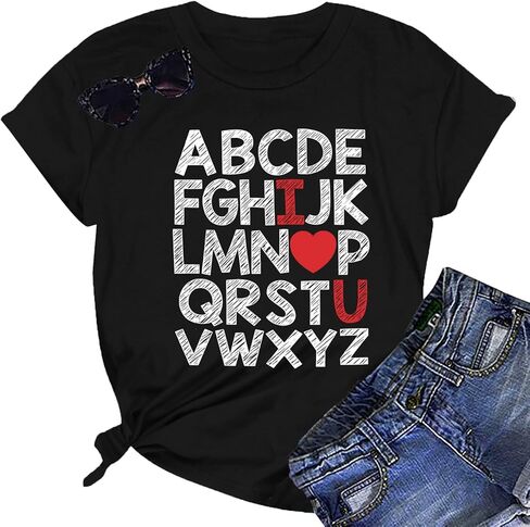 تي شيرت عيد الحب للسيدات مطبوع عليه الحروف الأبجدية ABC I Love You تي شيرت مدرسي لعيد الحب تي شيرت تي شيرت علوي in Saudi Arabia