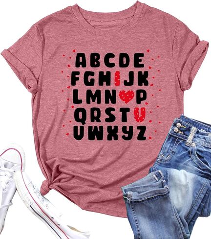 تي شيرت عيد الحب للسيدات مطبوع عليه الحروف الأبجدية ABC I Love You تي شيرت مدرسي لعيد الحب تي شيرت تي شيرت علوي in Kuwait