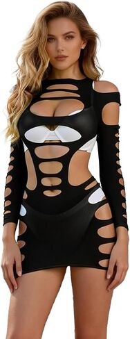 comeondear Plus Size Fishnet Lingerie Dress for Women Sexy Hollow Out Bodystocking Mini Bodycon Long Sleeve Outfits in Kuwait