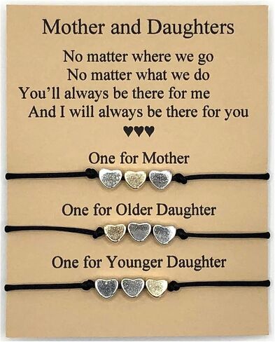 Mother Daughter Bracelet Set – 3 Matching Cord Bracelets with Heart Charms & Gift Card – Sentimental Gift for Mom and Two Daughters, Mother’s Day or Birthday in Saudi Arabia
