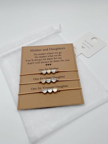 Mother Daughter Bracelet Set – 3 Matching Cord Bracelets with Heart Charms & Gift Card – Sentimental Gift for Mom and Two Daughters, Mother’s Day or Birthday in Saudi Arabia