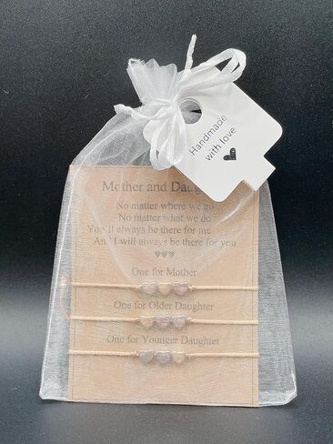 Mother Daughter Bracelet Set – 3 Matching Cord Bracelets with Heart Charms & Gift Card – Sentimental Gift for Mom and Two Daughters, Mother’s Day or Birthday in Saudi Arabia